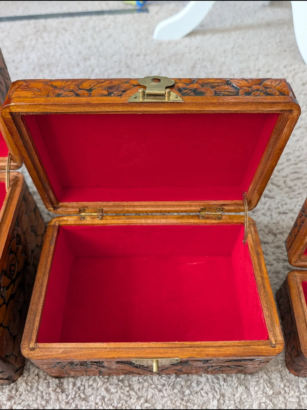 3 Vintage Hand Carved Brown Chinese Bird Camphor Wooden Floral Trinket Boxes